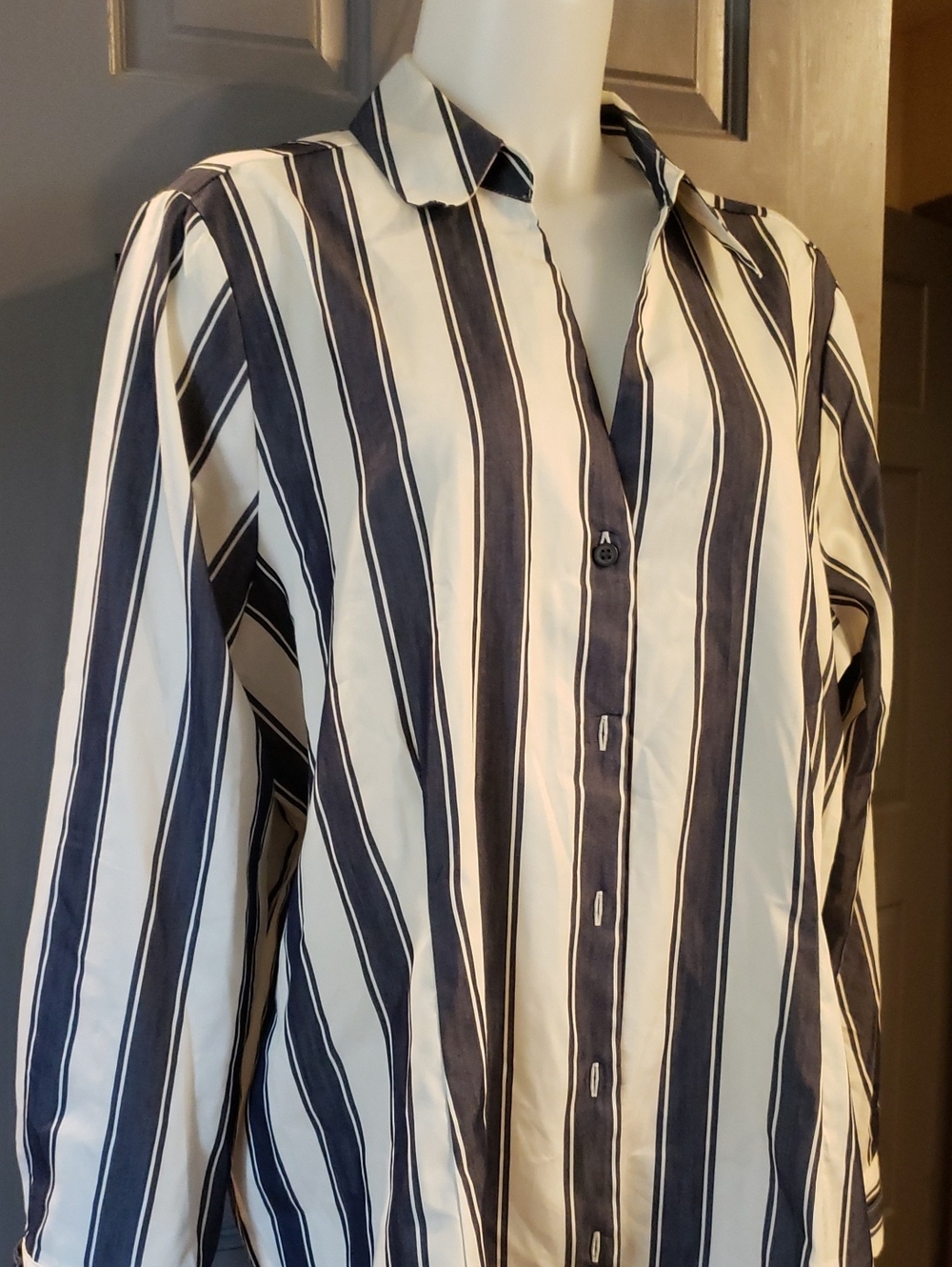 Lane Bryant Navy and White Vertical Stripe Button-Up Blouse